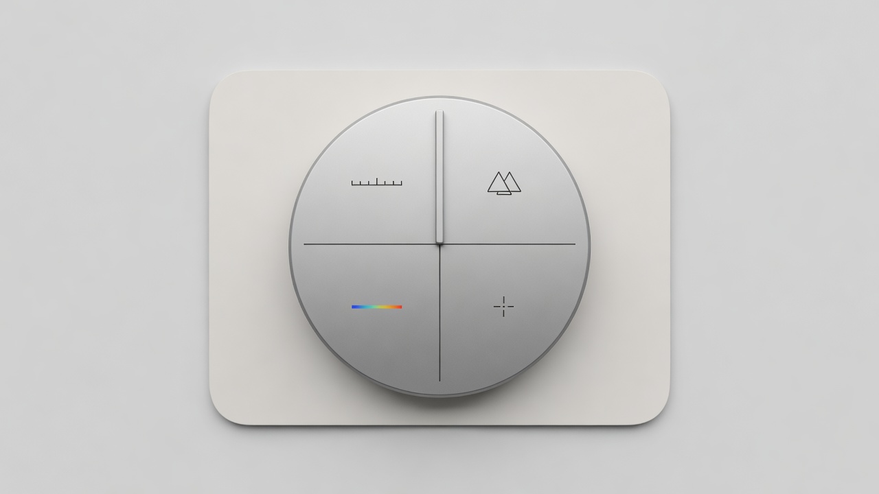 Illustrative monitor settings dial and neutral signal configuration on a plain workbench